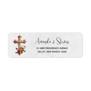 Elegant Wooden Cross with Pink Flowers ラベル