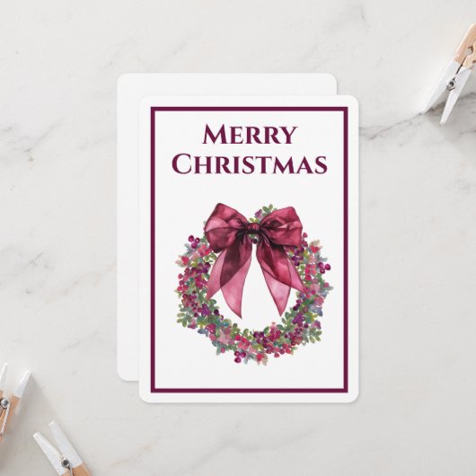Elegant Wreath and Burgundy Bow Christmas 招待状 (正面/裏面インサイチュ)