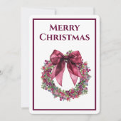 Elegant Wreath and Burgundy Bow Christmas 招待状 (正面)