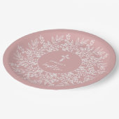 Elegant Wreath and Cross Pink Girl Baptism ペーパープレート (アングル)