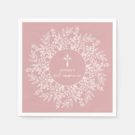 Elegant Wreath and Cross Pink Girl First Communion スタンダードカクテルナプキン