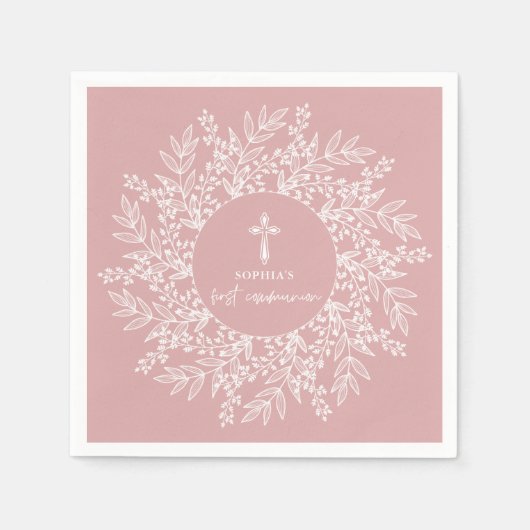 Elegant Wreath and Cross Pink Girl First Communion スタンダードカクテルナプキン (正面)