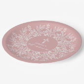 Elegant Wreath and Cross Pink Girl First Communion ペーパープレート (アングル)