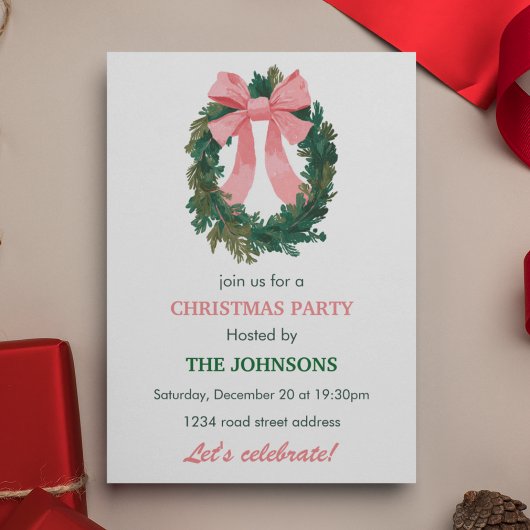 Elegant Wreath & Bow Christmas Party Invitation  招待状