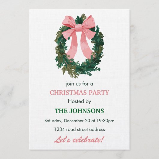 Elegant Wreath & Bow Christmas Party Invitation  招待状 (正面)