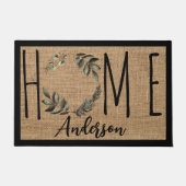 Elegant Wreath Faux Burlap Family Name Doormat ドアマット (正面)