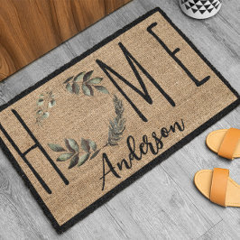 Elegant Wreath Faux Burlap Family Name Doormat ドアマット