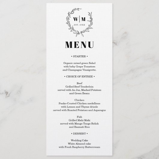 Elegant Wreath Monogram Wedding Menu 招待状 (正面)