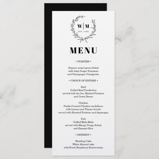 Elegant Wreath Monogram Wedding Menu 招待状 (正面/裏面)