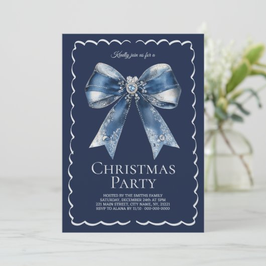 Elegant XL Bow Blue Silver Glitter Christmas Party 招待状 (スタンド正面)