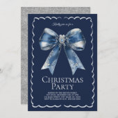 Elegant XL Bow Blue Silver Glitter Christmas Party 招待状 (正面/裏面)