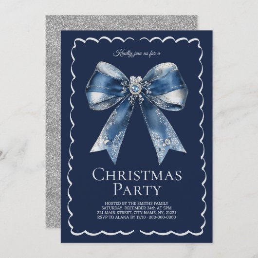 Elegant XL Bow Blue Silver Glitter Christmas Party 招待状 (正面/裏面)