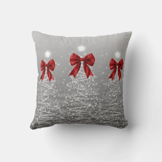 Elegant Xmas Sparkling Trees Silver Faux Red Bow クッション (裏面)