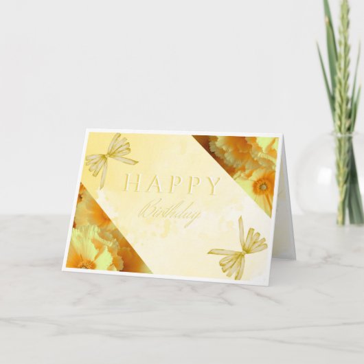 Elegant Yellow 2 Floral Happy Birthday Card サンキューカード (正面)