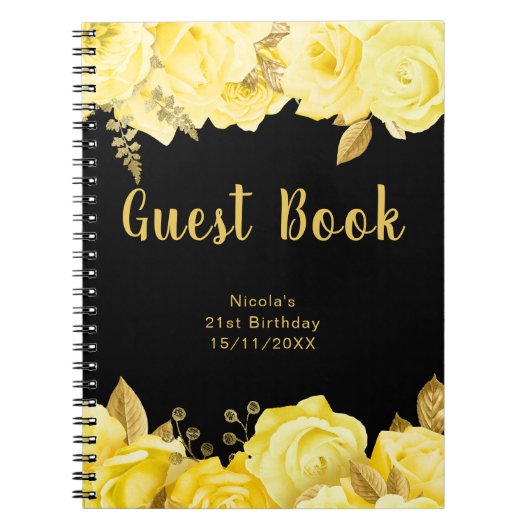 Elegant Yellow and Gold Flower Birthday Guest Book ノートブック (正面)
