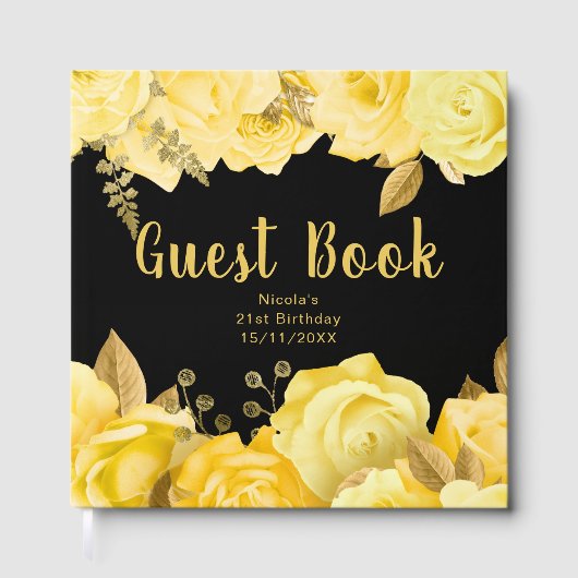 Elegant Yellow and Gold Flowers Birthday Party ゲストブック (正面)