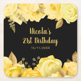 Elegant Yellow and Gold Flowers Birthday Party スクエアペーパーコースター