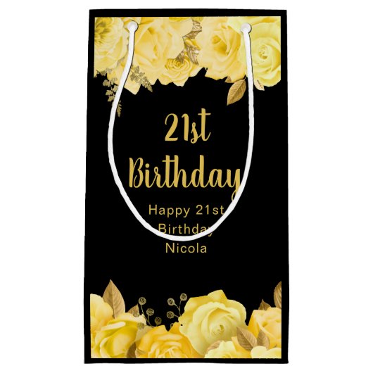 Elegant Yellow and Gold Flowers Birthday Party スモールペーパーバッグ (正面)