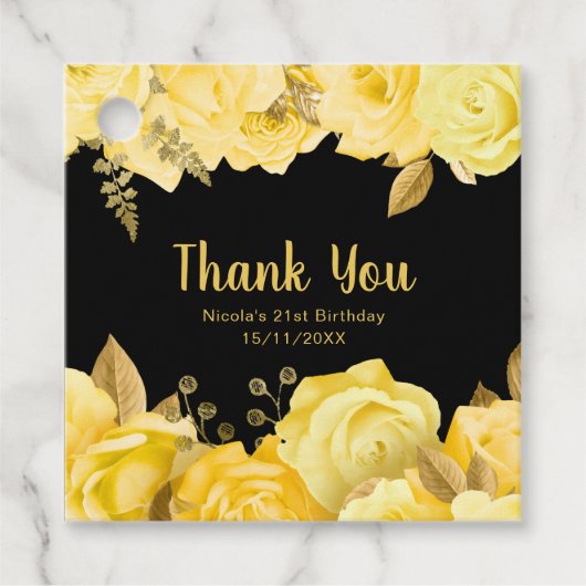 Elegant Yellow and Gold Flowers Birthday Party フェイバータグ (正面)