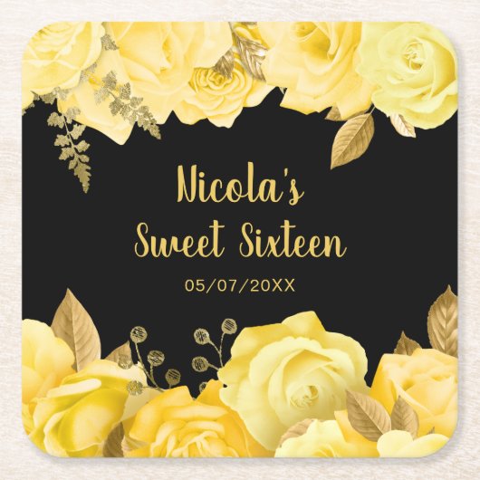 Elegant Yellow and Gold Flowers Sweet Sixteen スクエアペーパーコースター (正面)