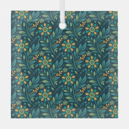 Elegant Yellow and Teal Floral Pattern Design ガラスオーナメント