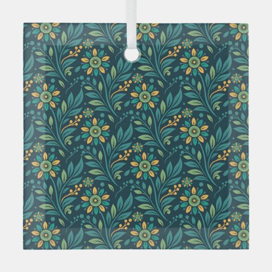 Elegant Yellow and Teal Floral Pattern Design ガラスオーナメント (正面)
