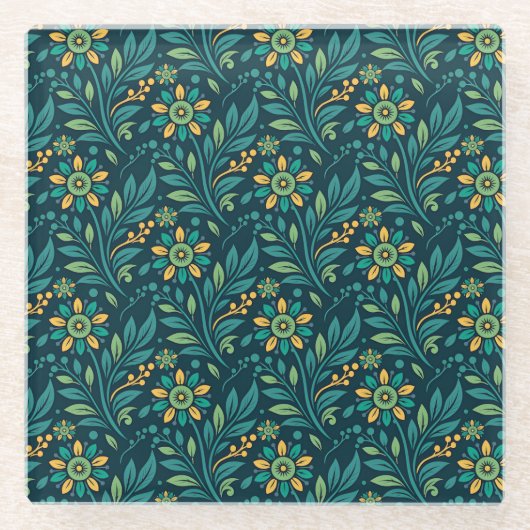 Elegant Yellow and Teal Floral Pattern Design ガラスコースター (正面)