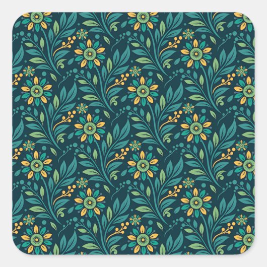 Elegant Yellow and Teal Floral Pattern Design スクエアシール (正面)