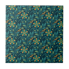 Elegant Yellow and Teal Floral Pattern Design タイル