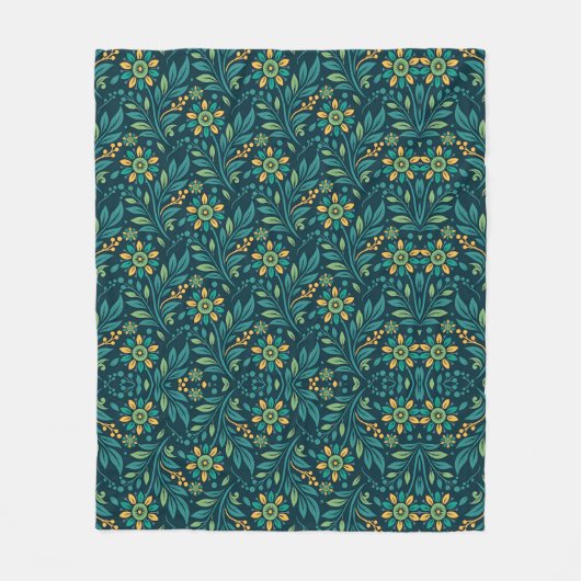 Elegant Yellow and Teal Floral Pattern Design フリースブランケット (正面)