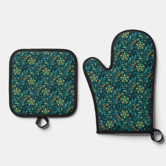 Elegant Yellow and Teal Floral Pattern Design 鍋つかみ&鍋敷きセット (正面)