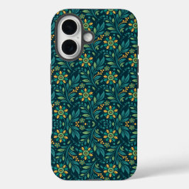 Elegant Yellow and Teal Floral Pattern Design iPhone 16ケース