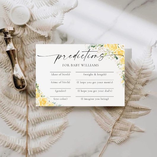 Elegant Yellow Baby Shower Predictions Card 招待状