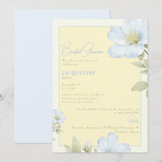 Elegant Yellow & Blue Floral Bridal Shower 招待状 (正面/裏面)