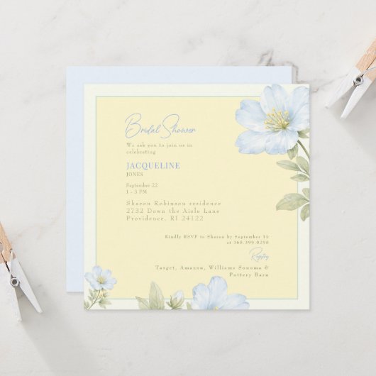 Elegant Yellow & Blue Floral Square Bridal Shower 招待状 (正面/裏面インサイチュ)