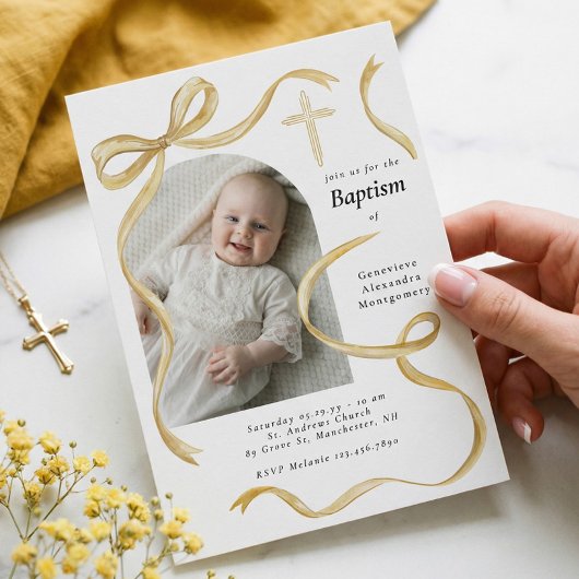Elegant Yellow Bow Baptism Baby Photo Arch Cross  招待状