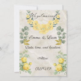 Elegant Yellow Floral and Marble Wedding Invitatio カード