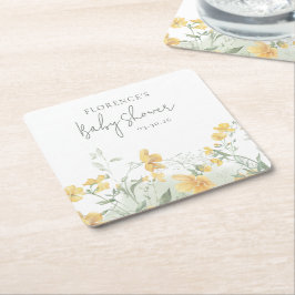 Elegant Yellow Floral Baby Shower スクエアペーパーコースター