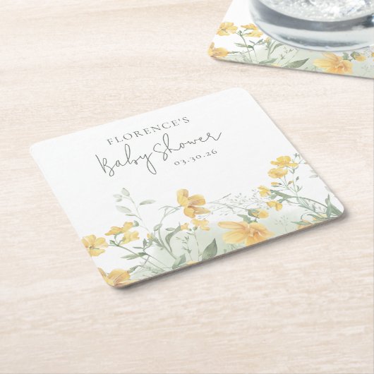 Elegant Yellow Floral Baby Shower スクエアペーパーコースター (アングル)