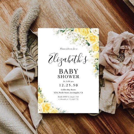 Elegant Yellow Floral Baby Shower Invitation 招待状