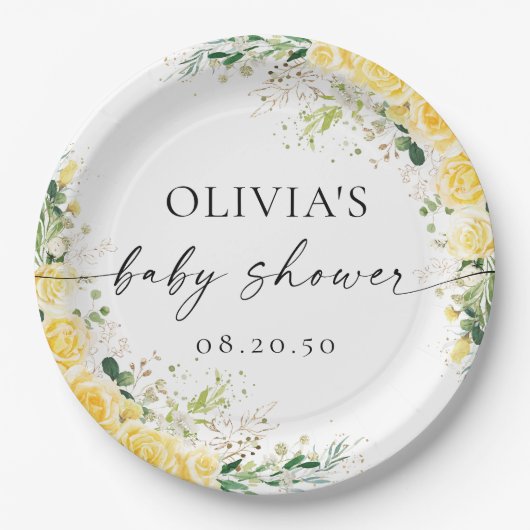 Elegant Yellow Floral Baby Shower Paper Plate ペーパープレート (正面)