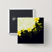 Elegant Yellow Floral Damask 缶バッジ (正面&裏面)