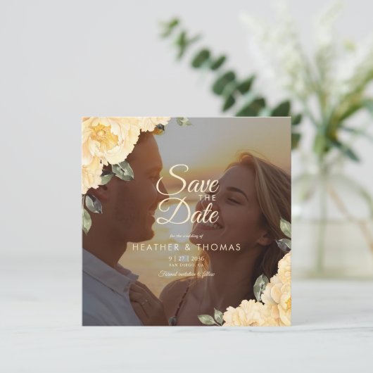 Elegant Yellow Floral Photo Save The Date  (スタンド正面)