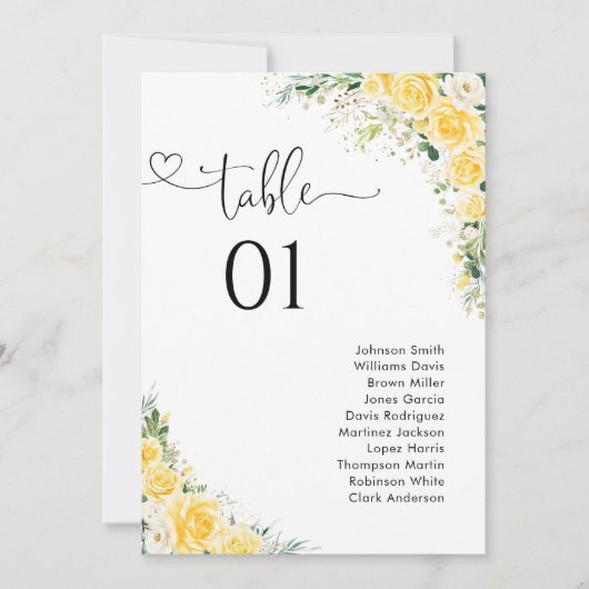 Elegant Yellow Floral Table Number Seating Chart (正面)