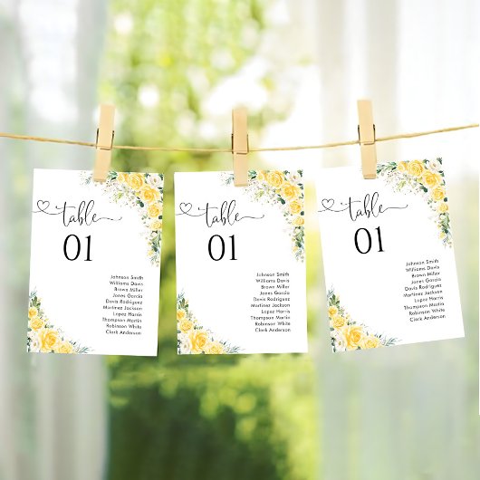 Elegant Yellow Floral Table Number Seating Chart
