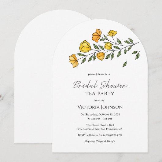 Elegant Yellow Floral Tea Party Shower Invite 招待状 (正面/裏面)