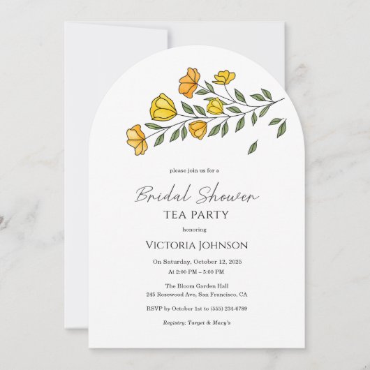 Elegant Yellow Floral Tea Party Shower Invite 招待状 (正面)