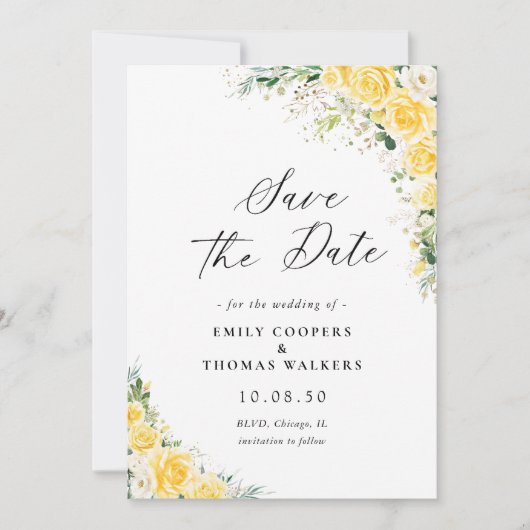 Elegant Yellow Floral Wedding Save The Date セーブザデート (正面)