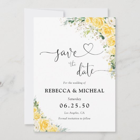 Elegant Yellow Floral Wedding Save The Date セーブザデート (正面)