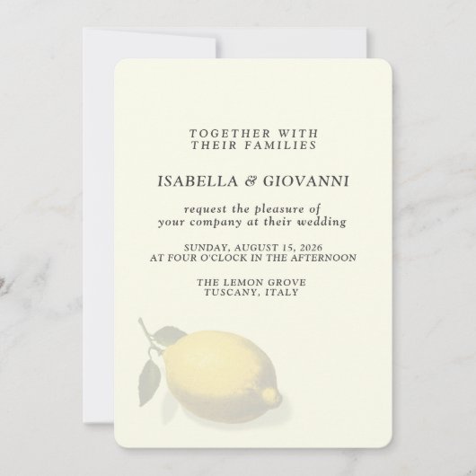 Elegant Yellow Lemon Tuscany Wedding 招待状 (正面)